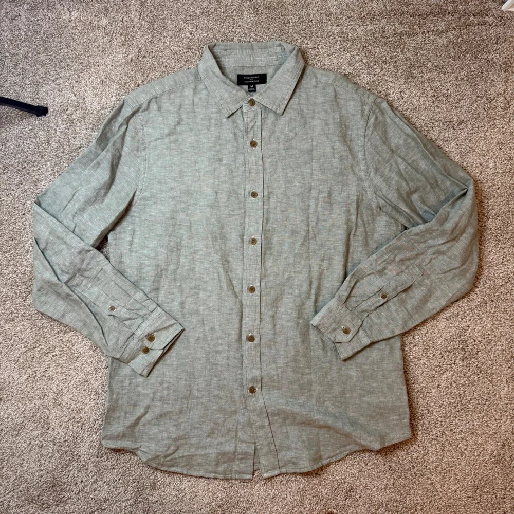 Banana Republic Button Down Shirt Mens M Green Slim Linen Blend Long Sleeve